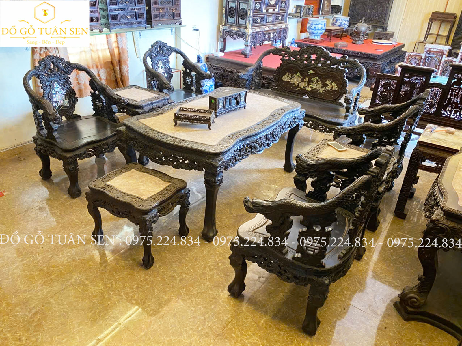 giới thiệu Bộ khánh rồng 10 món gỗ gụ khảm ốc